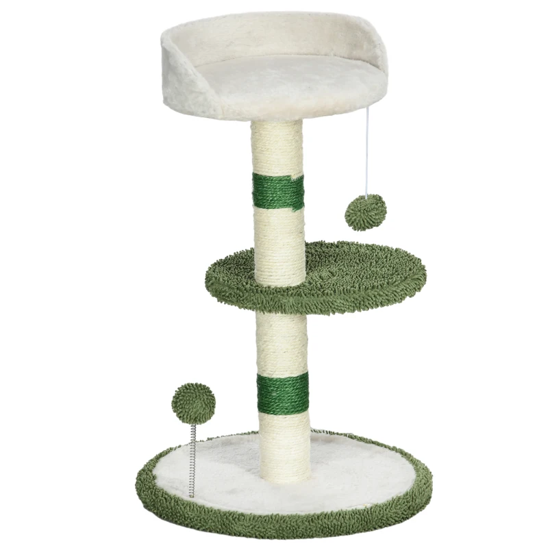 PawHut Árbol Rascador con Cama para Gatos, 2 Pelotas, Plataforma y Palo de Sisal, Ø40x64 cm, Verde y Blanco