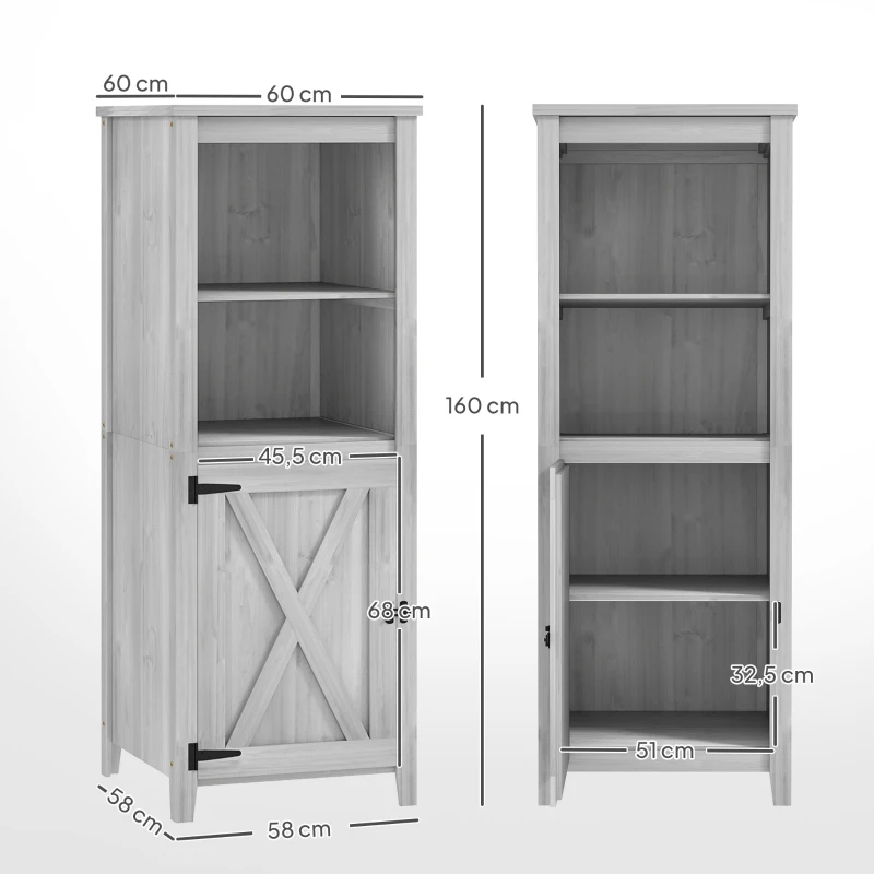 Outsunny Cobertizo de jardín con puerta de granero, estantes ajustables, diseño estilizado, Madera de pino, Gris claro
