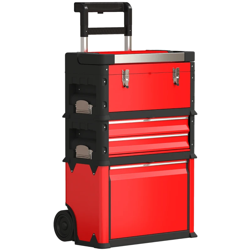 HOMCOM Juego de 3 cajas de herramientas con ruedas apilables y modulares en acero con bandeja, asas y cerradura, rojo