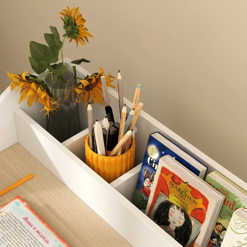 AIYAPLAY Conjunto de mesa y silla para niños de 3 a 8 años con compartimentos y estantes abiertos, efecto madera natural