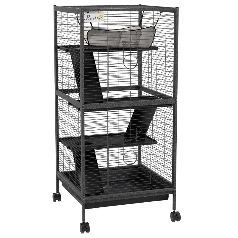 PawHut Jaula para Cobayas y Chinchillas en Acero con 3 Pisos, Ruedas y Bandeja Extraíble, 52x52x113,5 cm Gris