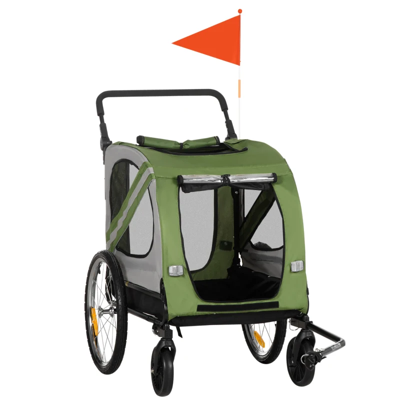 PawHut Carrito para Perros 2 en 1, Remolque para Bicicleta para Perros, plegable, resistente a la intemperie, para perros de hasta 20 kg, Verde
