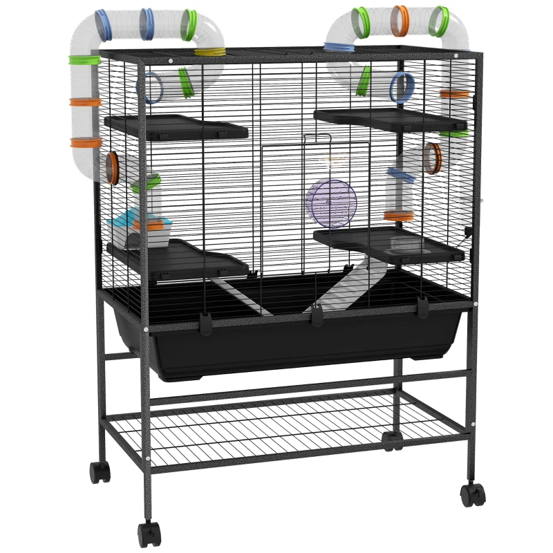 PawHut Jaula para Hámster con tubos, rueda de ejercicio, casita, bebedero, 109x82x46 cm, Negro