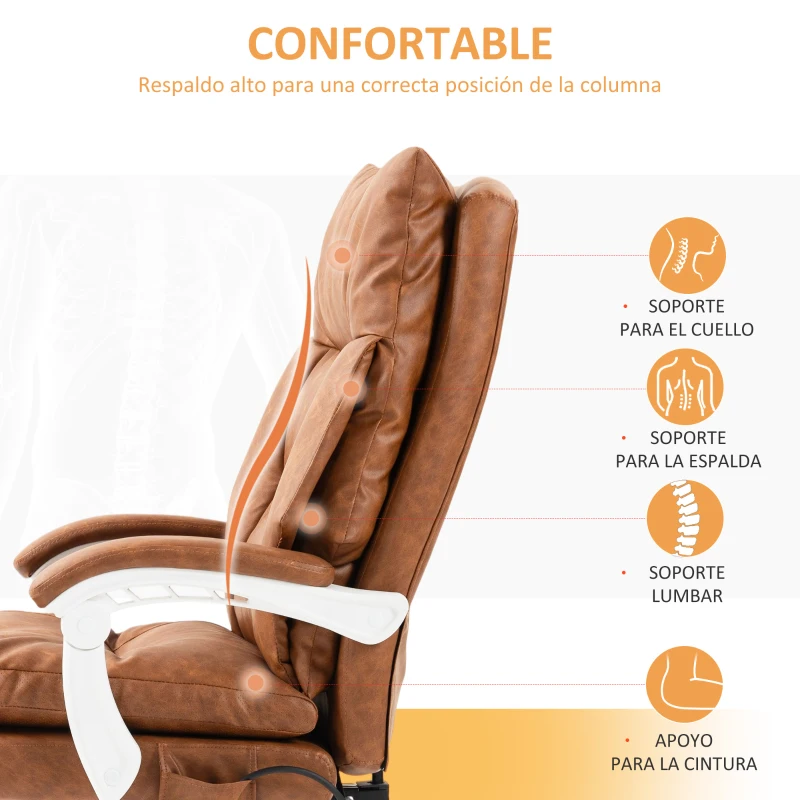 HOMCOM Silla de Escritorio con Soporte Lumbar Inflable Tapizada en PU Reposapiés Respaldo Reclinable Altura Ajustable Marrón