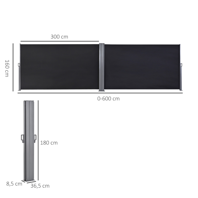 Outsunny Toldo Lateral Doble Panel de Ocultación retráctil 6x1,80 m Poliéster Anti-UV Gris y Negro