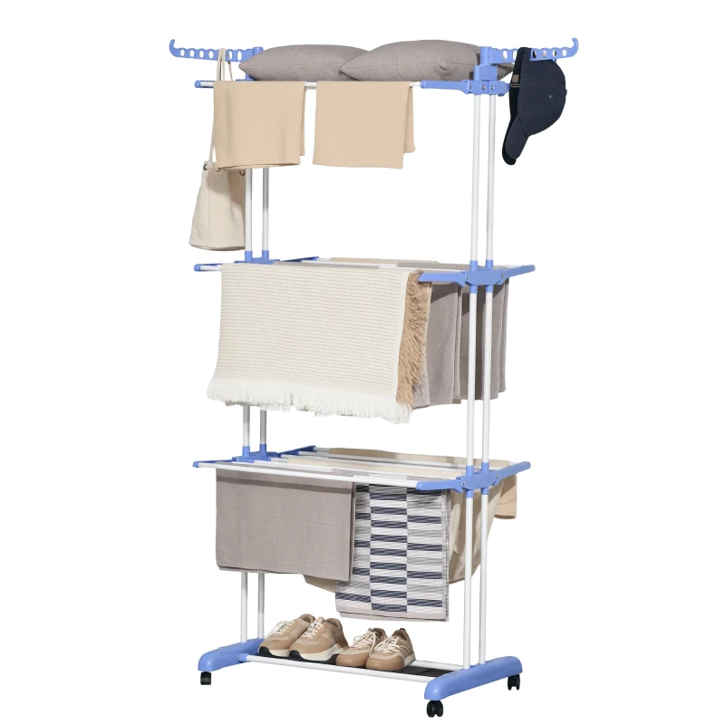 HOMCOM Séchoir étendoir à linge sur roulette pliable ailes latérales intérieure et extérieure 73 x 64 x 177 cm bleu argent