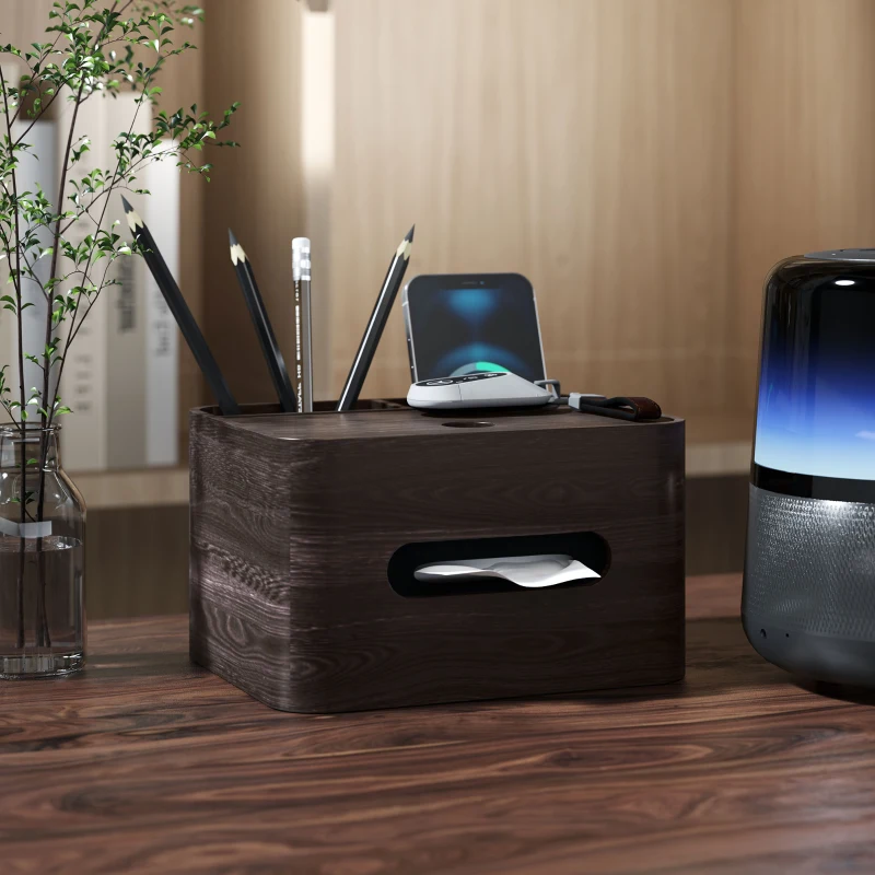 HOMCOM Organizador de escritorio con almacenamiento multifunción con 2 compartimentos y caja de pañuelos de madera Marrón