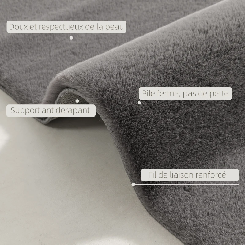 HOMCOM Tapis salon 160 x 120 cm tapis à poils longs, lavable en machine, antidérapant, en fausse fourrure, gris clair