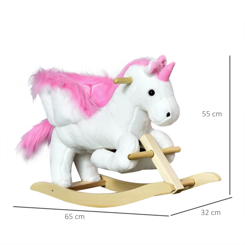 HOMCOM Juguete mecedor unicornio con función de sonido, base de madera y asas, caballito mecedor de peluche, para niños de 1,5 a 3 años