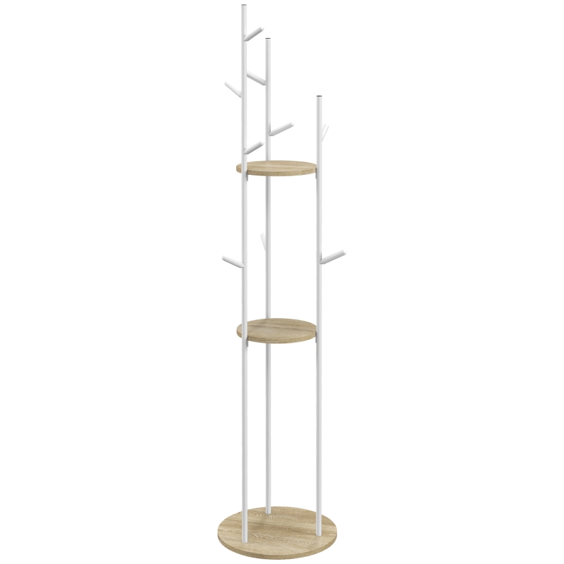HOMCOM Perchero de Pie Mueble de Entrada en Acero con 9 Ganchos y 2 Estantes Redondos Ø 40 x 167 cm Natural y Blanco