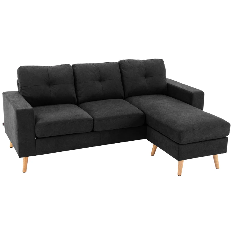 HOMCOM Sofá de 3 plazas Sofá de Esquina, con Chaise Longue, Pespunte de Botón, 193x136x85 cm, Negro