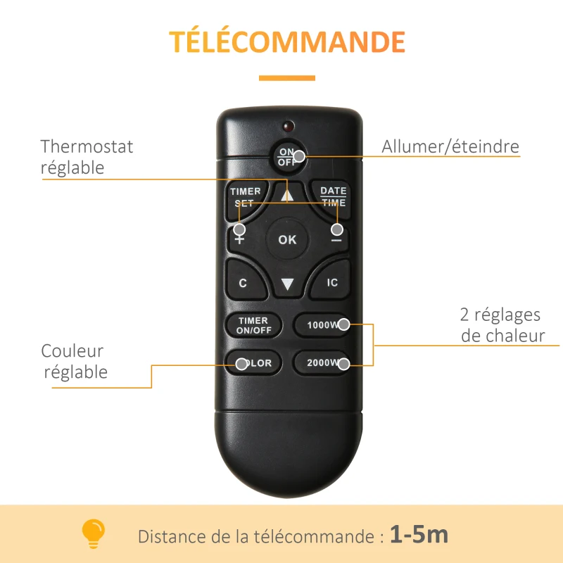 HOMCOM Cheminée électrique murale 1000/2000 W, cheminée décorative avec effet flamme 7 couleurs réglables, 72,5x11,5x40cm, noir