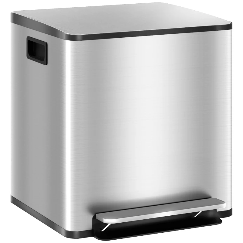 HOMCOM Cubo de Basura de Cocina 2 Compartimentos de 2x15 L, con Pedal, en Acero Inoxidable, Tapa de Cierre Suave