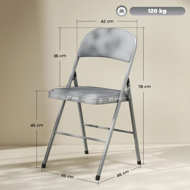 HOMCOM Lote de 4 sillas plegables y portátiles interior con asientos y respaldos acolchados de terciopelo, estructura de acero, Gris