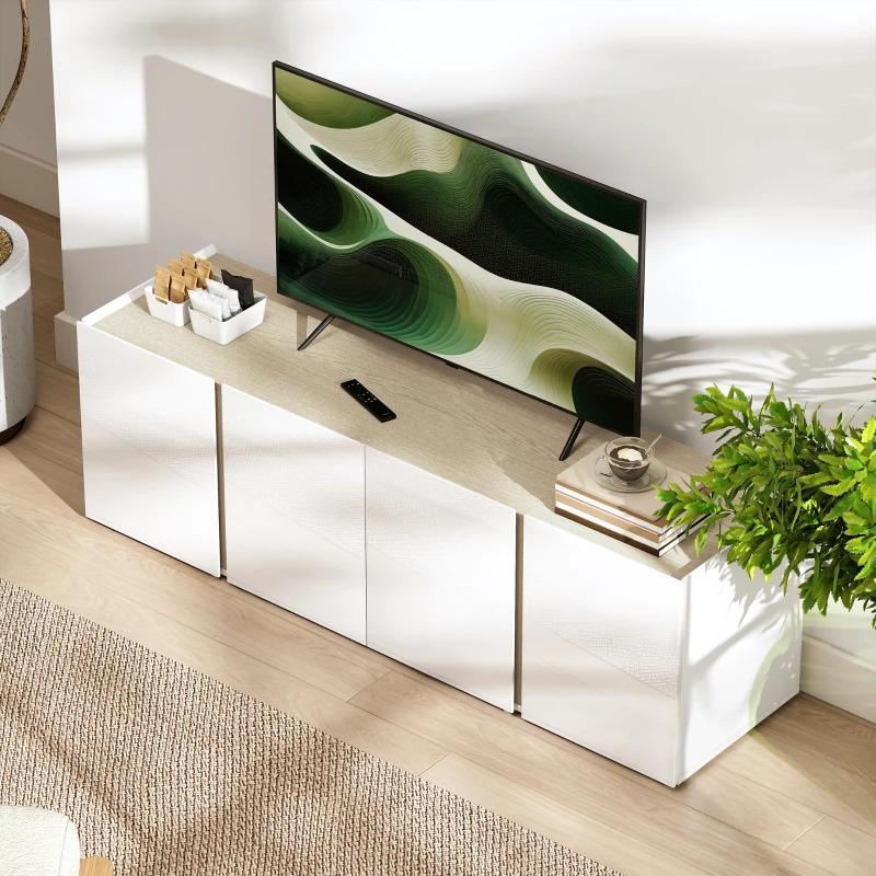 HOMCOM Mobile TV con 4 porte a chiusura ammortizzata, ripiano regolabile e passacavi, 135 x 38 x 45 cm, Bianco
