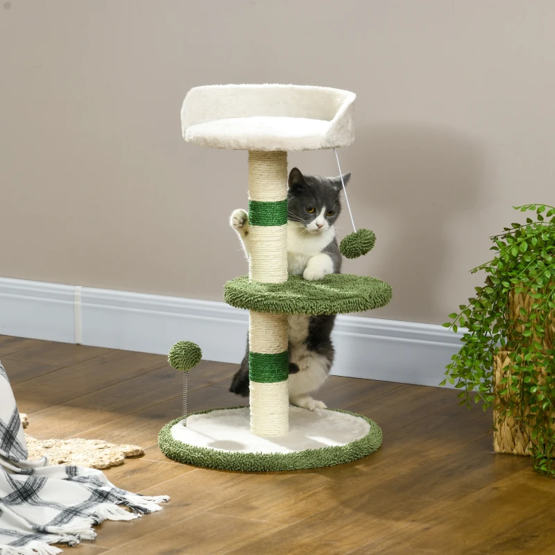 PawHut Albero Tiragraffi con Lettino per Gatti, 2 Palline, Piattaforma e Palo in Sisal, Verde e Bianco