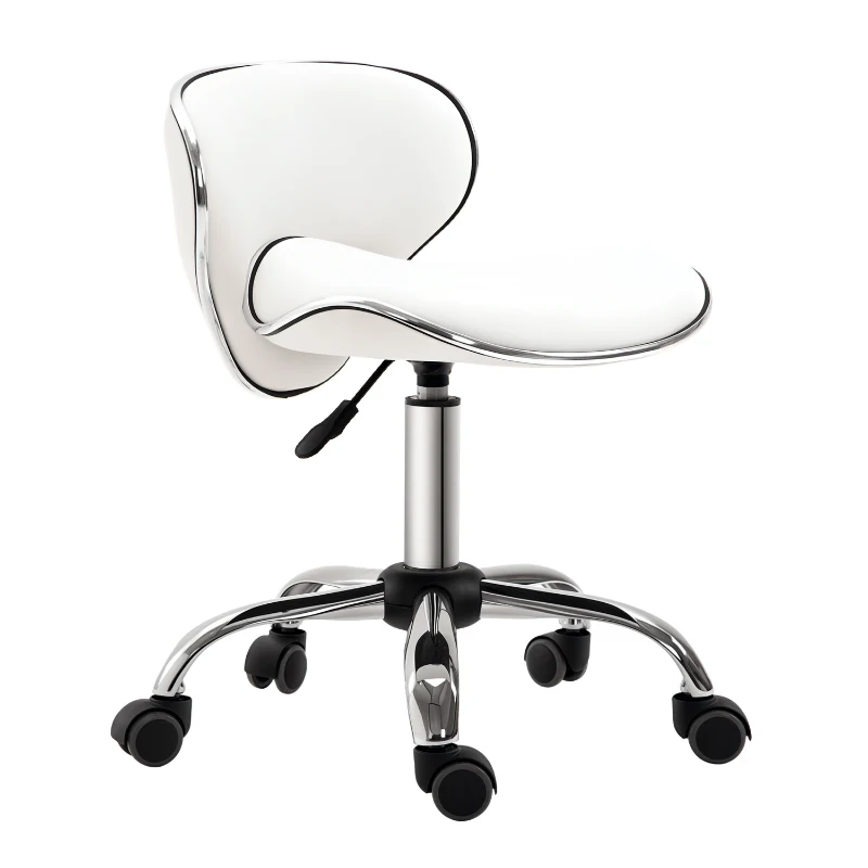 HOMCOM Taburete con ruedas taburete de trabajo con altura ajustable 44-56 cm y respaldo, giratorio 360°, Blanco
