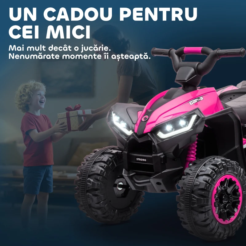 HOMCOM ATV Electric pentru Copii cu Motor Dublu și 2 Viteze, Roți, Faruri LED, Claxon și Muzică, 83x53x55.5 cm, Roz(m-8)