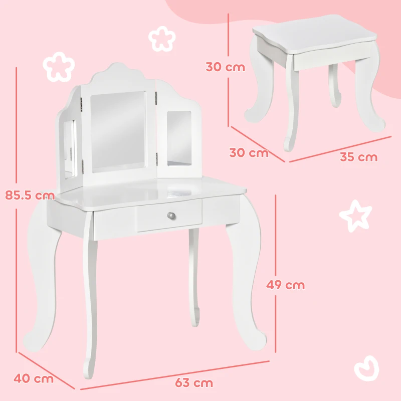 HOMCOM Tavolo da Trucco per Bambini con Sgabello e Triplo Specchio, in Legno e Acrilico, 63x40x85.5 cm, Bianco