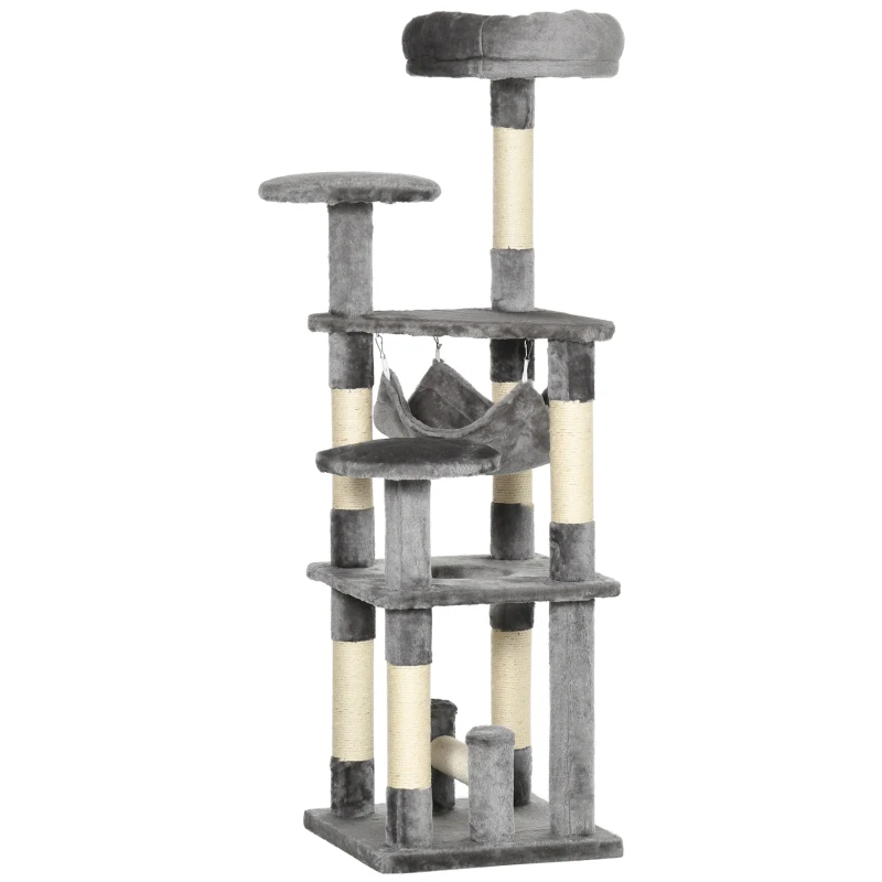 PawHut Árbol rascador para gatos con plataforma circular, hamaca para gatos, Gris, 40x40x132 cm