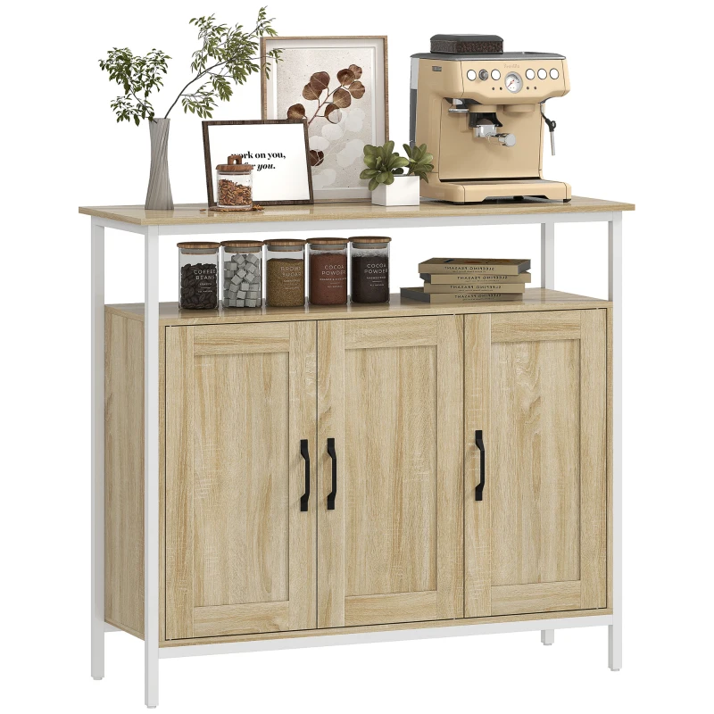HOMCOM Buffet, meuble de rangement avec 3 portes, compartiment ouvert et 4 étagères réglables, 100 x 35 x 88 cm, bois naturel