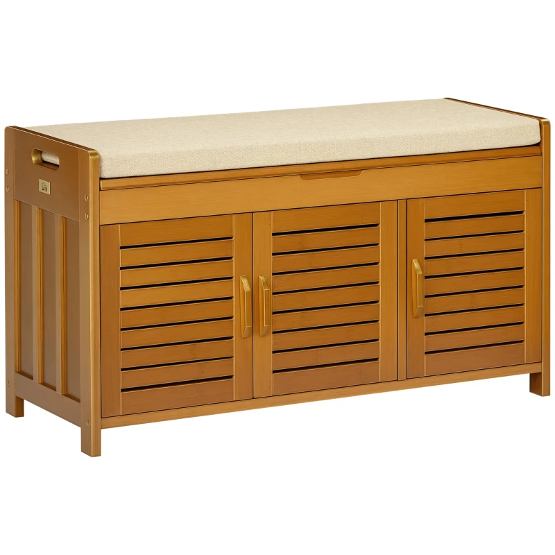 HOMCOM Banco de zapatos, mueble de zapatos de bambú con cojín de asiento, 3 puertas y compartimento oculto, Marrón