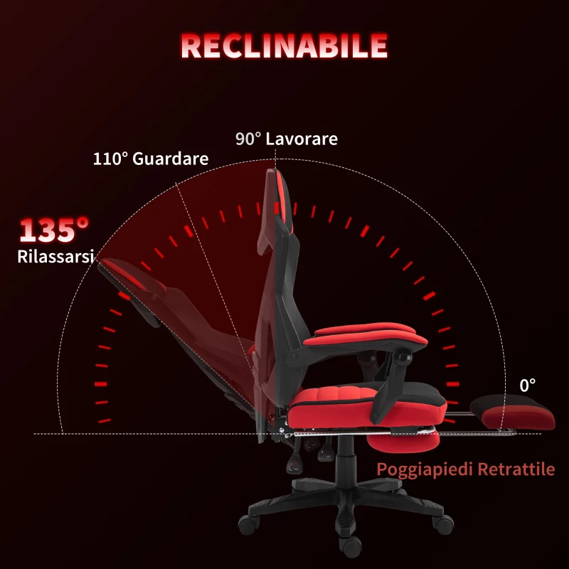 Vinsetto Sedia da Ufficio Ergonomica e Reclinabile con Poggiapiedi, in Tessuto a Rete, 58x63x112-122 cm, Nera e Rossa