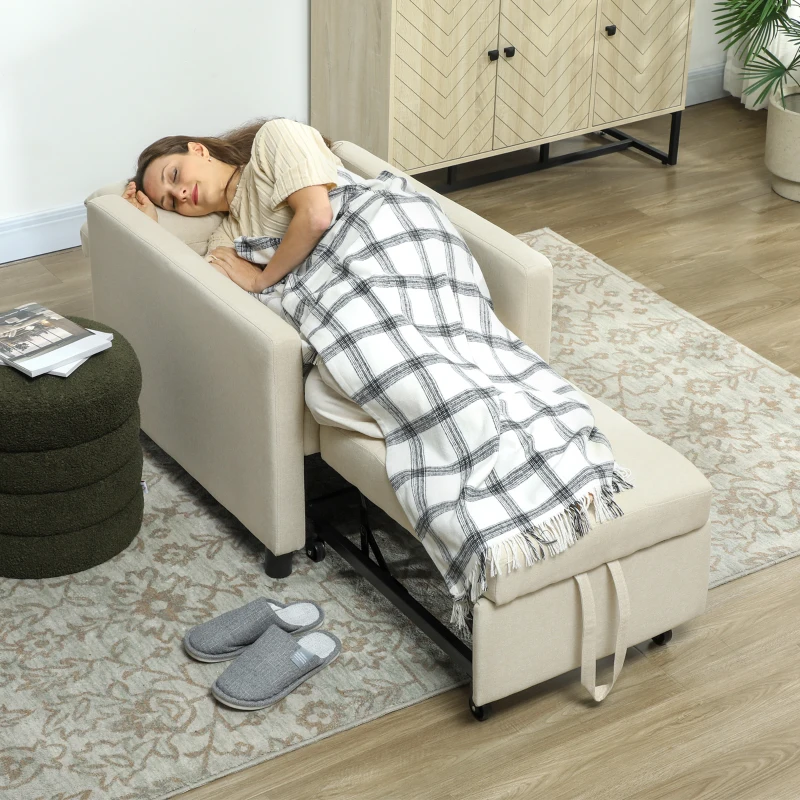 HOMCOM Sofá Cama de 1 Plaza Tapizado en Lino con Respaldo Ajustable de 3 Niveles y Almohada Acolchada 69x82,5x84 cm Beige