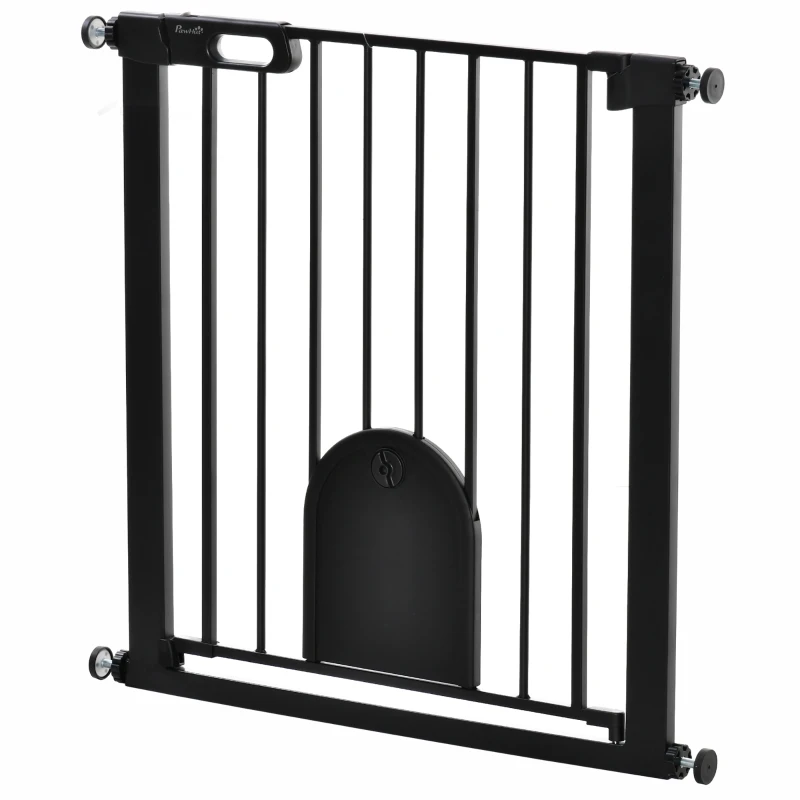 PawHut Barrera de seguridad animales con puerta cierre automático sistema de doble bloqueo, acero Negro