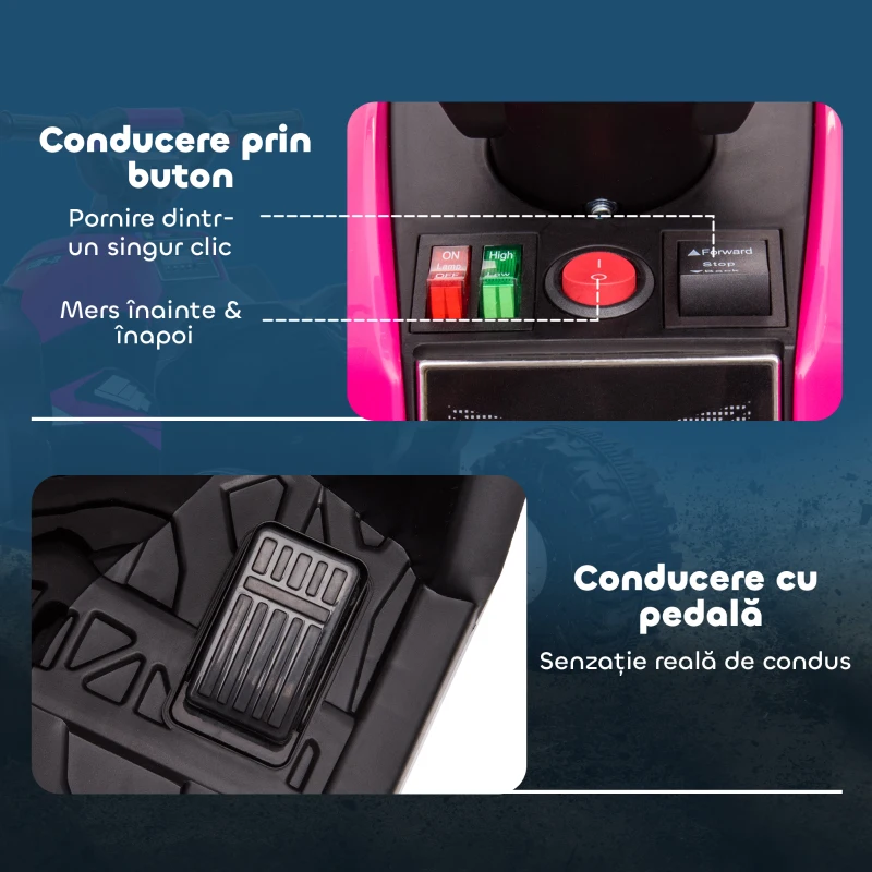 HOMCOM ATV Electric pentru Copii cu Motor Dublu și 2 Viteze, Roți, Faruri LED, Claxon și Muzică, 83x53x55.5 cm, Roz(m-7)