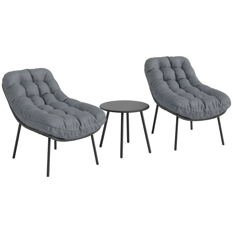 Outsunny Conjunto de Jardín exterior de ratán sintético para 2 personas muebles de jardín cojines de 15 cm de grosor Gris