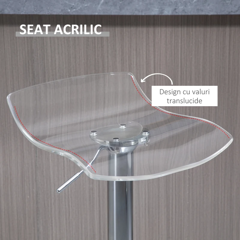 HOMCOM Set 2 Scaune de Bar cu Înălțime Reglabilă, Șezut Rotativ și Suport pentru Picioare, 39x39x67-87 cm, Transparent