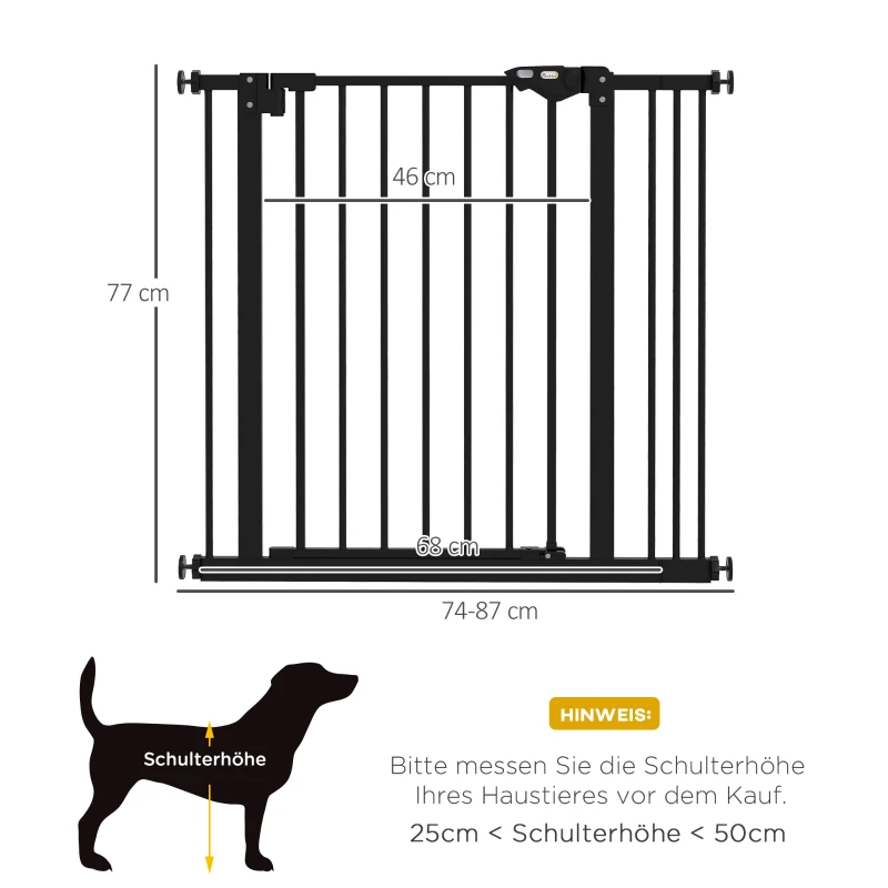 PawHut Puerta de Seguridad para Perros, Barrera Protectora, Barrera para Mascotas, Metal, Plástico, 74-87 cm, Negro
