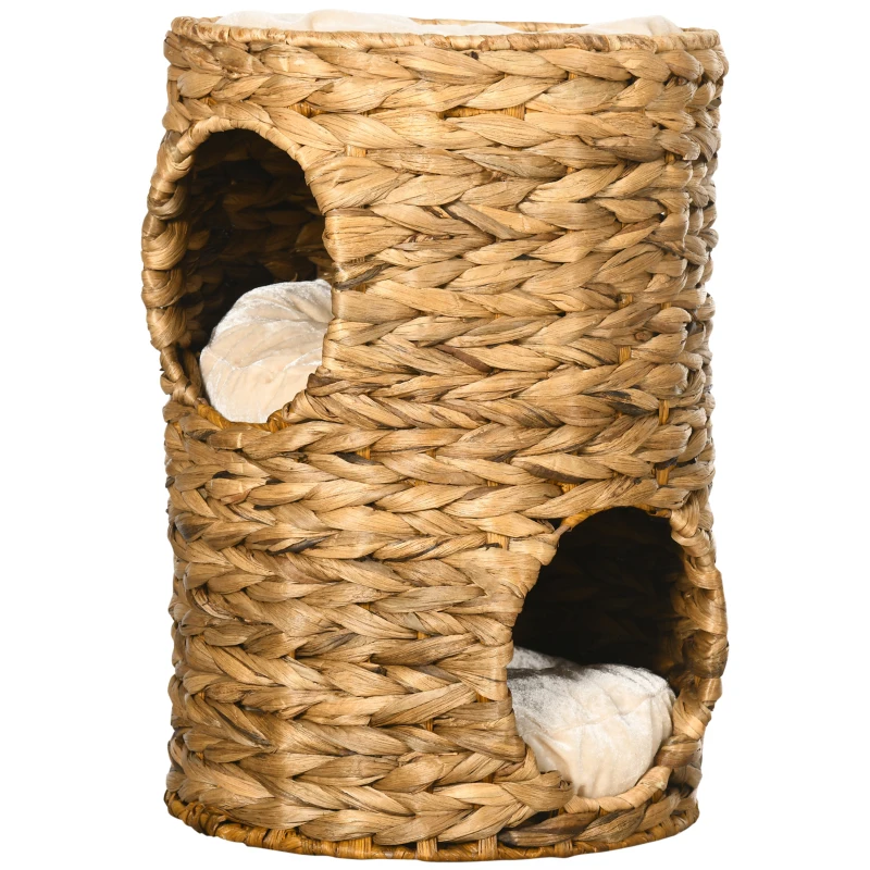 PawHut Torre Rascadora, 47 cm, 2 Cuevas, Cojín, Rascador con Cama para Gatos, Torre para Gatos de Agua Hiácinta, Marrón Claro