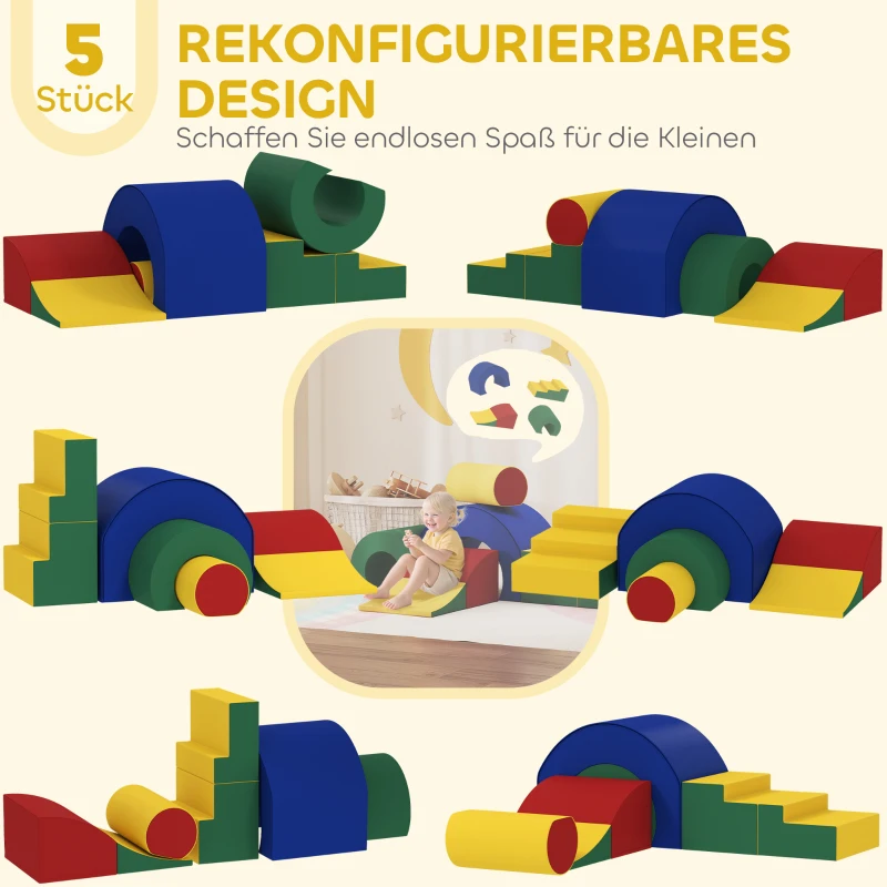 AIYAPLAY 5-delige set zachte bouwstenen voor baby's & peuters, schuim, kunstleer, 5 creatieve vormen, Indoor set voor klimmen, kruipen, spelen, Kleurrijk(m-4)
