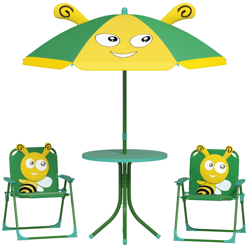 AIYAPLAY Set de Muebles de Jardín para Niños, Sillas, Mesa, Sombrilla, Diseño de Abejas, Verde+Amarillo