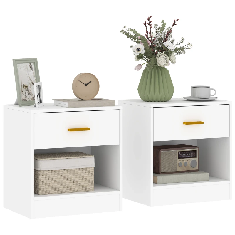 HOMCOM Lote de 2 mesitas de noche, mesa de noche con 2 cajones y estantes abiertos, estilo moderno, 39x28x41 cm, Blanco