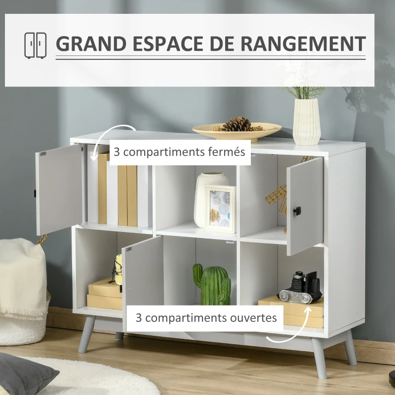 HOMCOM Buffet, meuble de rangement avec 3 portes et 3 compartiments ouverts, pieds en bois de pin, 96x30x75cm, blanc et gris