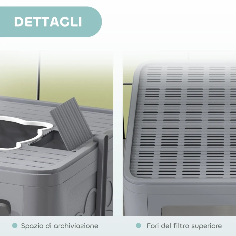 PawHut Lettiera per Gatti Chiusa con Coperchio e Doppia Entrata, Cassetto Estraibile, Paletta e Spazzola, Grigio