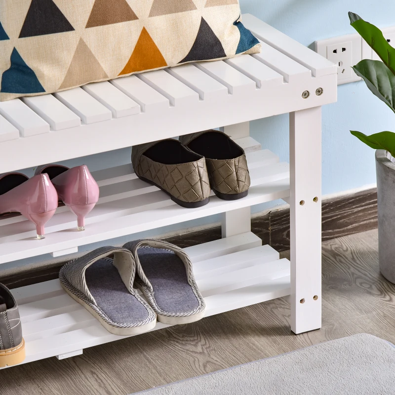 HOMCOM Banco de zapatos de madera de 3 niveles con estante de almacenamiento y compartimento oculto, 90x29x45 cm, Blanco