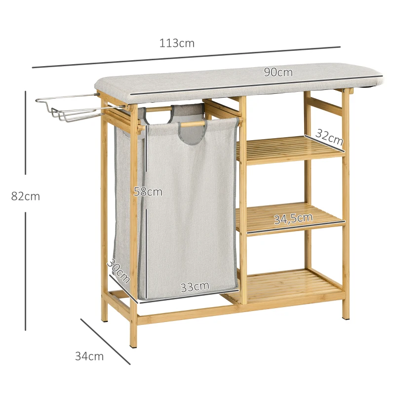 HOMCOM Recolector de ropa, multifuncional, tabla de planchar y bolsa de tela 57 L, marco de bambú, 113x34x82 cm, Natural/Gris