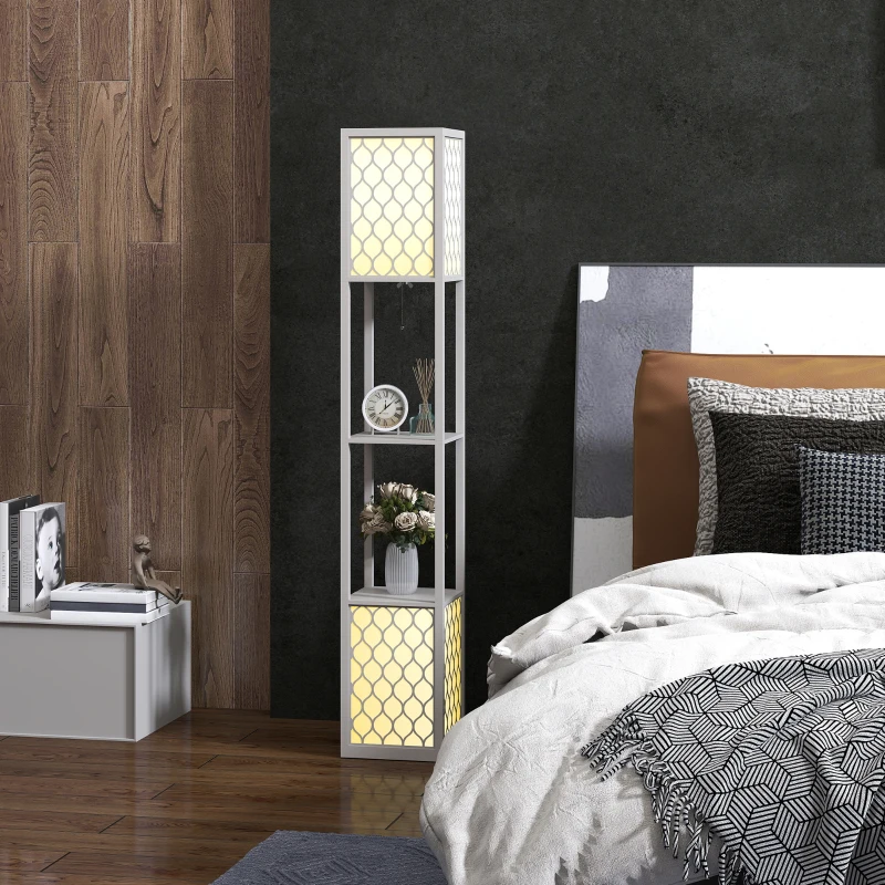HOMCOM Lámpara con estantería, 2 lámparas, 2 estantes, 4 niveles, MDF gris con diseño de panal, 26x26x156 cm, gris