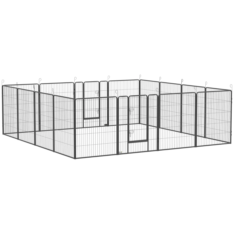 PawHut Corral para cachorros, diseño modular, 16 paneles, 2 puertas, resistente a la intemperie, acero, 3,2 x 3,2 x 1 m, gris