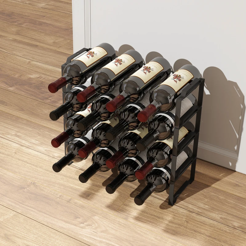 HOMCOM Estante de vino de 4 niveles, estante independiente para 16 botellas de vino, metal, Negro