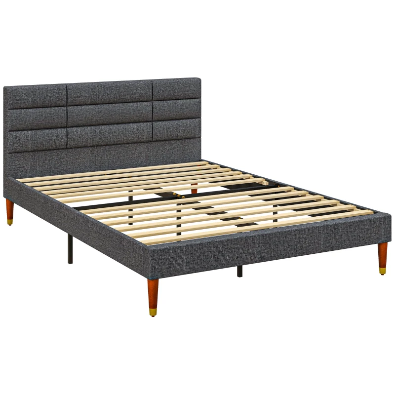 HOMCOM Estructura de Cama 140x200 cm con Cabecera Tapizada de Lino y Espacio de Almacenamiento Carga 250 kg Gris
