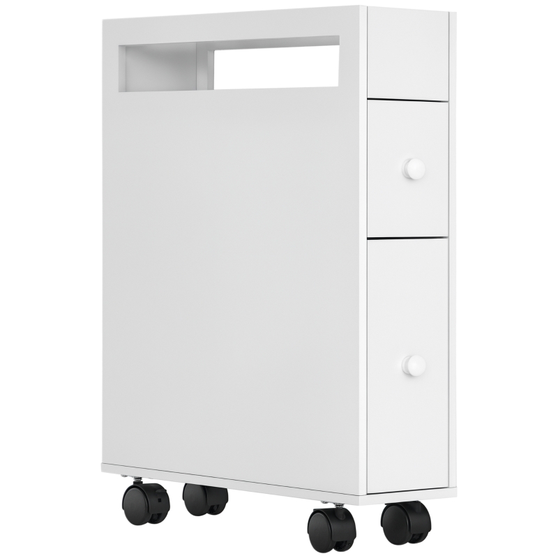 HOMCOM Carrito Estrecho de Baño con Ruedas, Diseño Delgado, dos Cajones, cuatro Ruedas, Blanco, 16x49,5x66 cm