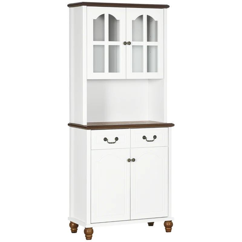 HOMCOM Armario de Cocina, Buffet, 2 Cajones, 2 Compartimentos de Armario, Diseño Clásico, Blanco + Marrón oscuro, 76x38x182 cm