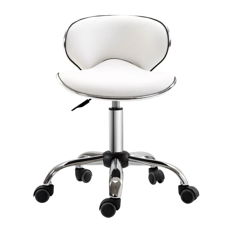 HOMCOM Taburete con ruedas taburete de trabajo con altura ajustable 44-56 cm y respaldo, giratorio 360°, Blanco