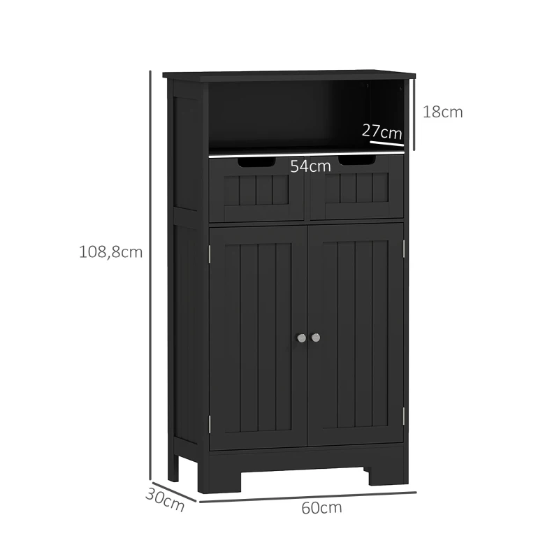 kleankin Mueble Bajo de Baño Multi-almacenamiento Grande Niche 2 cajones Armario Doble Puerta con estante Negro