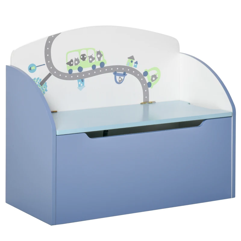 HOMCOM Banco Contenedor Portajuguetes 2 en 1 de Madera, Cofre Bancada con Respaldo para Niños de 3-6 Años, 60x30x50 cm, Azul